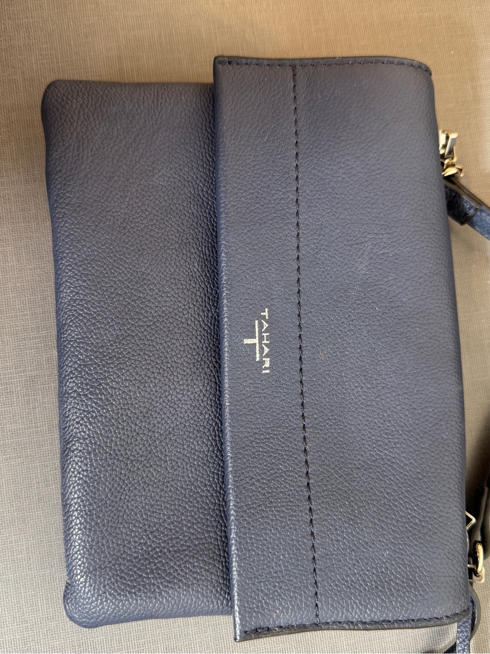T Tahari Navy Blue Pebbled Leather Foldover Crossbody Bag